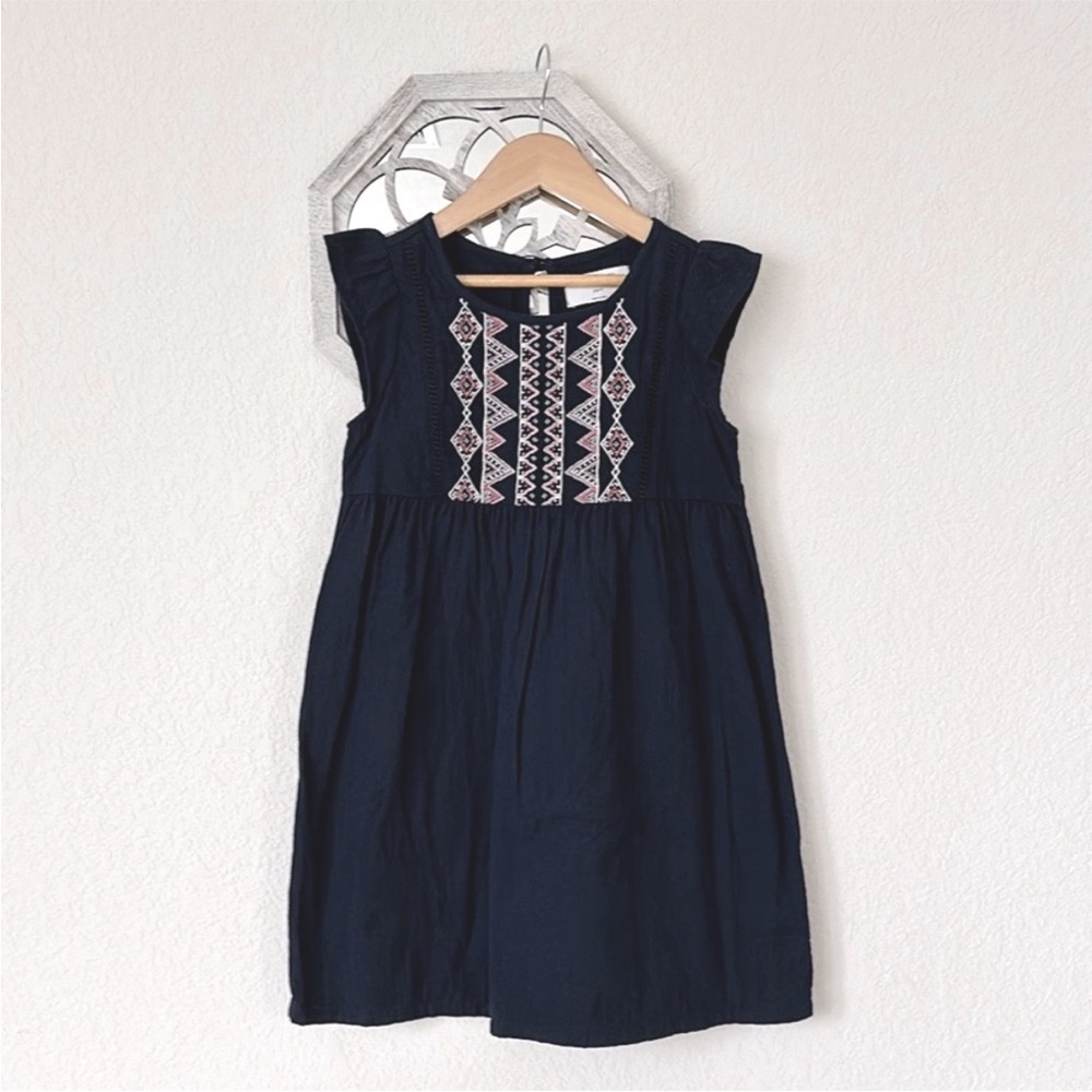 Old Navy • Girls 6-7 Navy Embroidered Flutter Sleeve Cotton Boho Dress